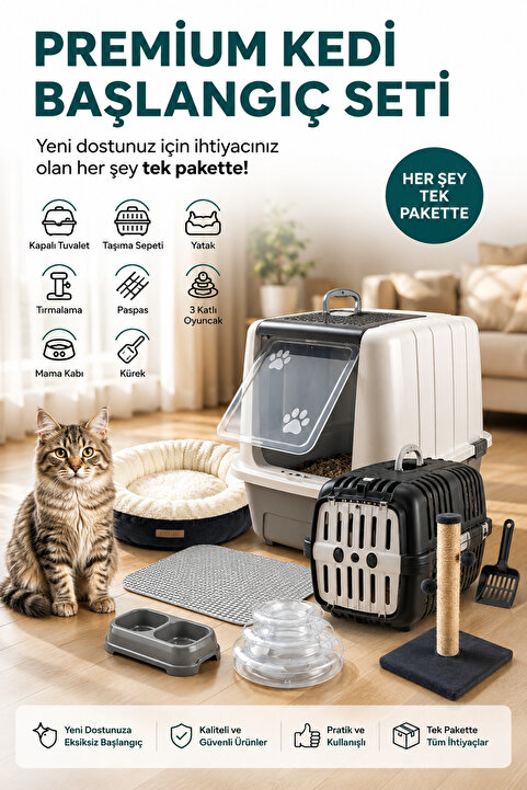 Kurtbay Şekil Lüks Kapalı Kedi Tuvaleti Taşıma Sepet Yatak Tırmlama Paspas 3 Katlı Oyunck Kedi Başlangıç Seti-lkt2