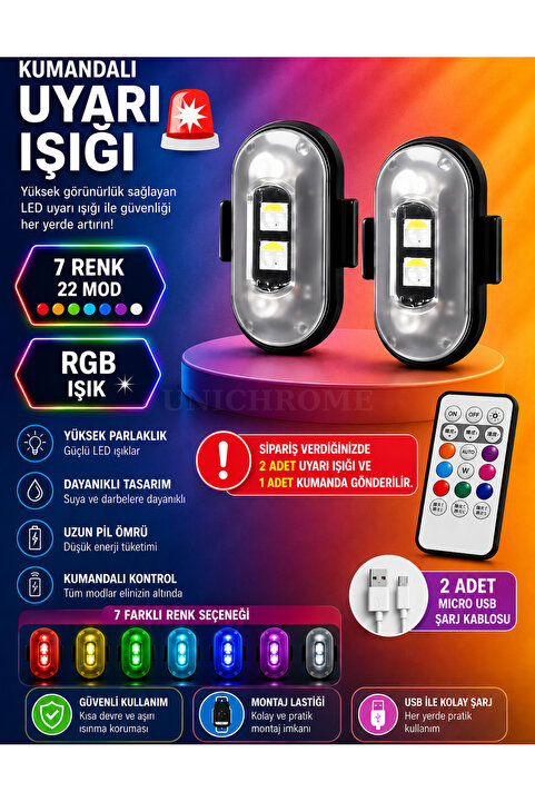 Unichrome Uzaktan Kumandalı 2'li Çakar Led/Şarjlı Mini Led Işık/Drone Işığı/Anti Çarpışma Uyarı Işığı