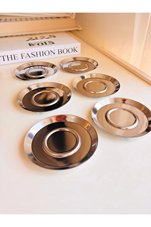 Elzemm store PASLANMAZ ÇELİK GÜMÜŞ RENK YUVARLAK 6 ADET ÇAY TABAĞI BARDAK ALTLIĞI