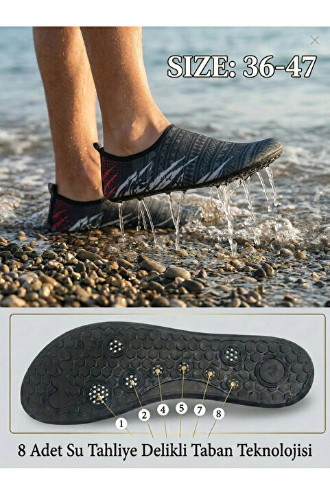 Sea&Blue Siyah Desenli Kaymaz Tabanlı Deniz Ayakkabısı - Esnek Plaj ve Havuz Ayakkabısı - Deniz Patiği