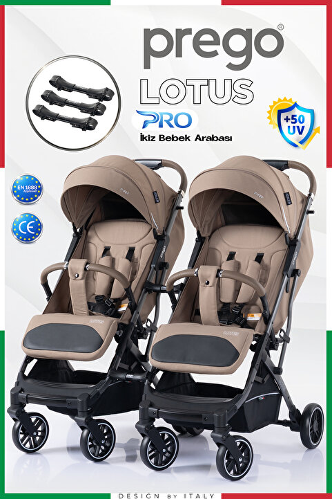 Prego Lotus Pro Kabin Boy UV Tenteli Ayrılıp Birleşebilen İkiz Bebek Arabası