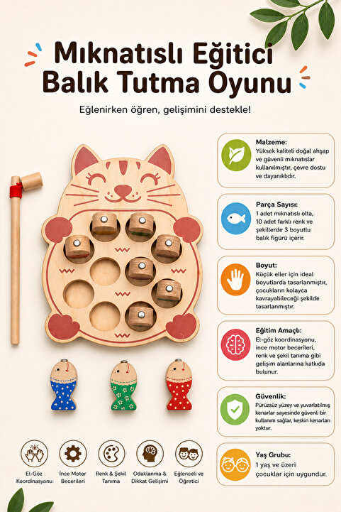 Hopiers Montessori Mıknatıslı 3 Boyutlu Eğitici Ahşap Balık Tutma Oyunu / Ahşap Balıklar Ile Eğlenceli Oyun