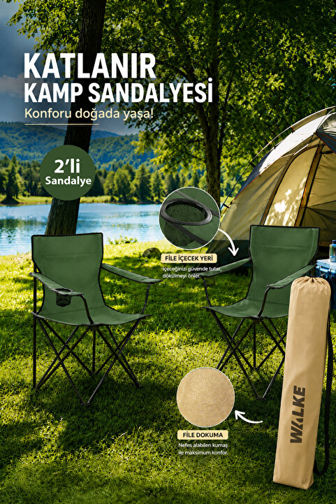 Walke 2 Li Katlanabilir Kamp Sandalyesi Piknik Sandalyesi Plaj Sandalyesi Yeşil Taşıma Çantalı