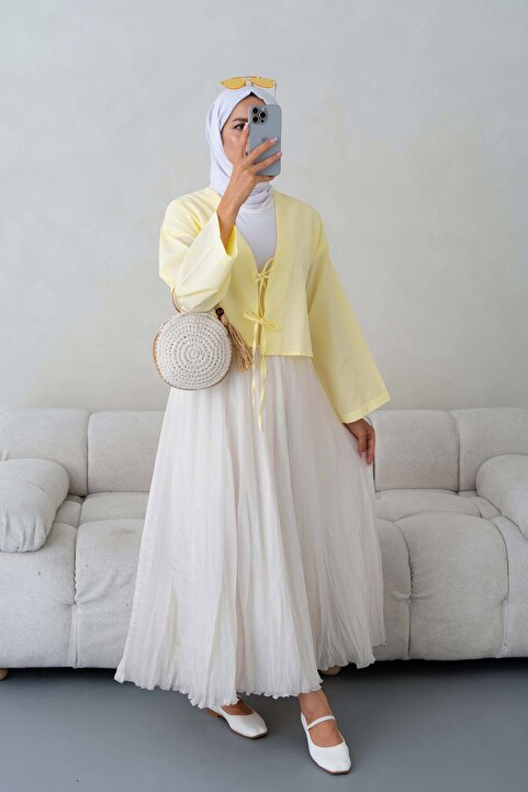 Giyim Gezegeni Önü Bağlamalı Soft Sarı 2 Bağcıklı Kimono Gömlek Modern Şık Yeni Sezon Kimono Yeni Sezon