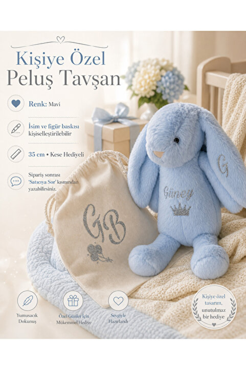 Emsera Atelier Kişiye Özel İsimli Peluş Tavşan Uyku Arkadaşı 35 cm Kese Hediyeli Bebek Hediyesi - Mavi
