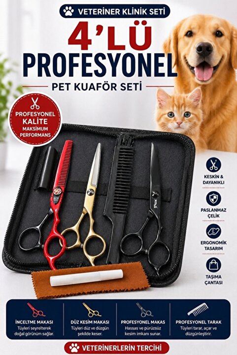 Xolo Vet Care Pro Kedi Köpek Tıraş Makas Seti 3'lü Profesyonel Grooming Seti Deri Çantalı