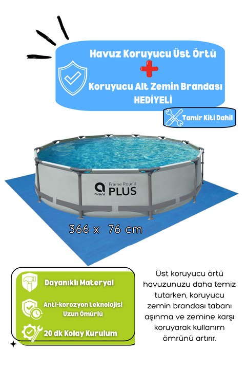Kalitomi 366x76 cm Metal Gövde Bahçe Havuzu 6765 Litre – Paslanmaz Çelik Konstrüksiyon Kolay Kurulumlu Aile Havuzu Kouryucu Alt Üst Branda Hediyeli Tamir Kiti Dahil