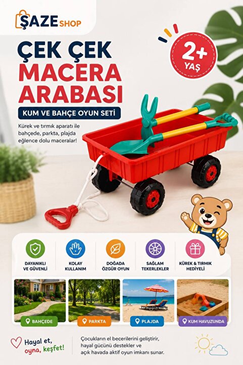 SAZE Çek Çek Macera Arabası Kum ve Bahçe Oyun Seti – Plaj Park Kum Havuzu Bahçe Aktivite Oyuncağı 2+ Yaş