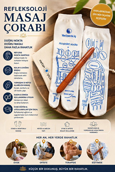 Metanoyaco Refleksoloji Masaj Çorabı & 1 Adet Ahşap Masaj Çubuğu (Orjinal İthal Ürün)
