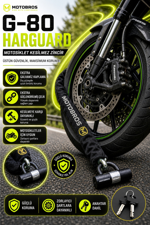 Motobros G-80 Harguard Galvanizli Motosiklet- Bisiklet Kesilmez 13mm Zincir Ve Kilit 1.5 Metre