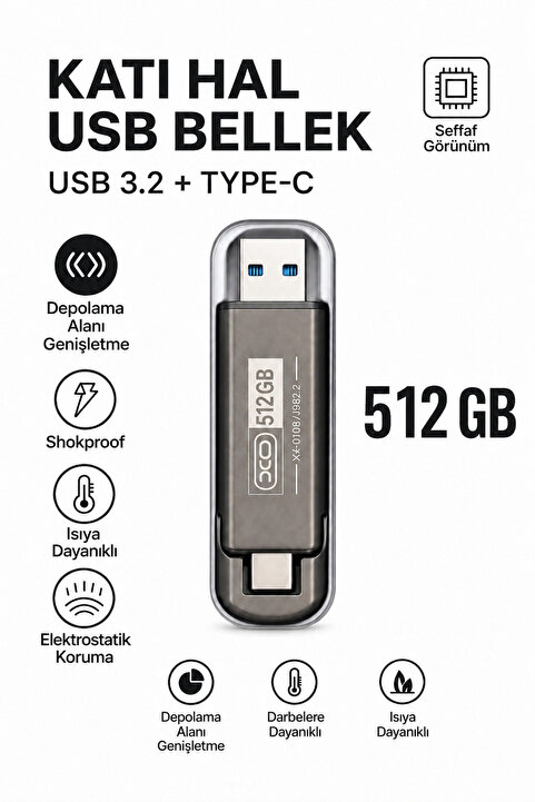 ATLT ATLANTİS 512 GB USB 3.2 TYPEC ÇİFT GİRİŞLİ TAŞINABİLİR FLASH BELLEK YÜKSEK HIZLI DAYANAKLI VE ŞOK KORUMALI