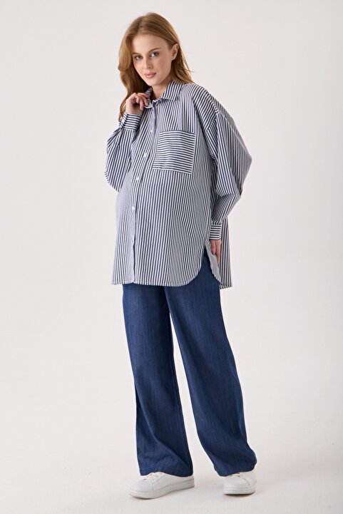 KATLİN MATERNİTY WEAR Hamile Oversize Kalıp Lacivert Çizgili Gömlek, Tek cepli Detaylı (Lacivert)
