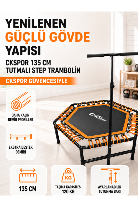 pekial 135 Cm 54 İnç Tutmalı Step Trambolin 120 Kg Taşıma Kapasiteli Ev Tipi Fitness Kardiyo Trambolini