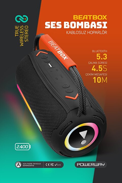 Powerway BeatBox Siyah Led Işıklı Dayanıklı Ses Bombası Usb Sd Aux FM Radyo Bluetooh Hoparlör