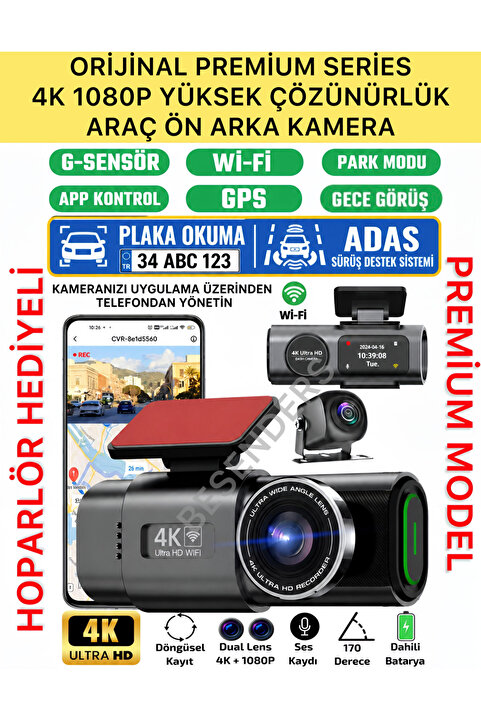 Besenders L308 4K 1080P Full HD Çift Kamera GPS Wifi G Sensör Gece Görüş Ön Arka İç Kayıt Araç İçi Dışı Kamera