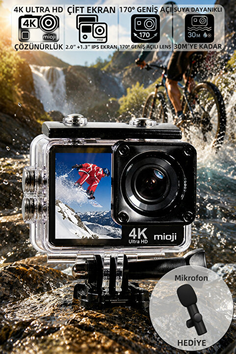 Mioji Action 12X 4K 60FPS 20MP Çift Ekran 170° Aksiyon Kamerası - Mikrofon Hediyeli