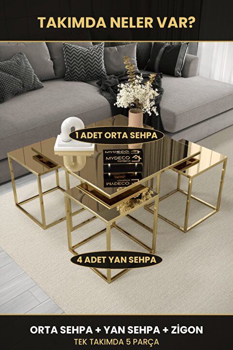 home plus mobilya Berlin 5'li Gold Kaplama Bronz Aynalı Orta Sehpa & Zigon Sehpa & Yan Sehpa & Bohem Sehpa & pizza sehpa takımı