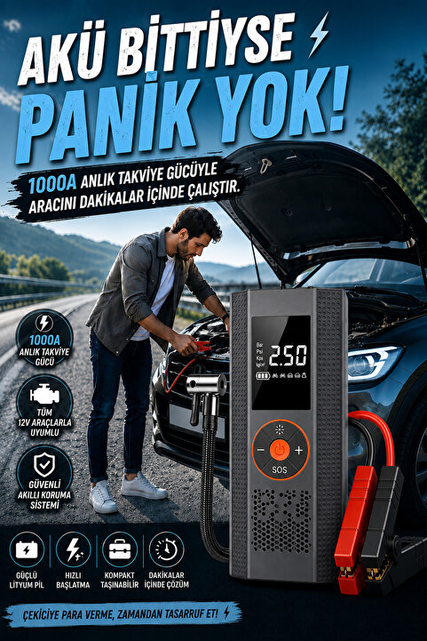 Zineets Pro Taşınabilir Dijital Göstergeli Araç Lastik Sişirme Ve Araç Takviye Cihazı Akü 12V Starter Seti