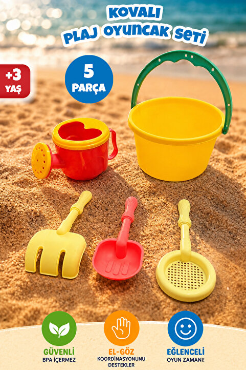 Meleni Toys 5 Parça Küçük Boy Plaj Seti - Kova Elek Tırmık Kürek ve Sulama Kaplı Kum Oyuncağı Sarı
