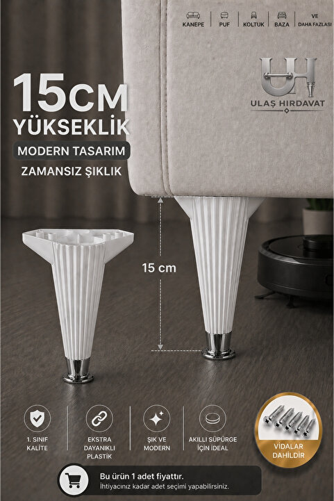 Ulaş Hırdavat Mobilya - Baza - Koltuk - Akıllı Masa Ayağı, Beyaz Ayak - Krom Yüzük 15 Cm - Vida dahildir.