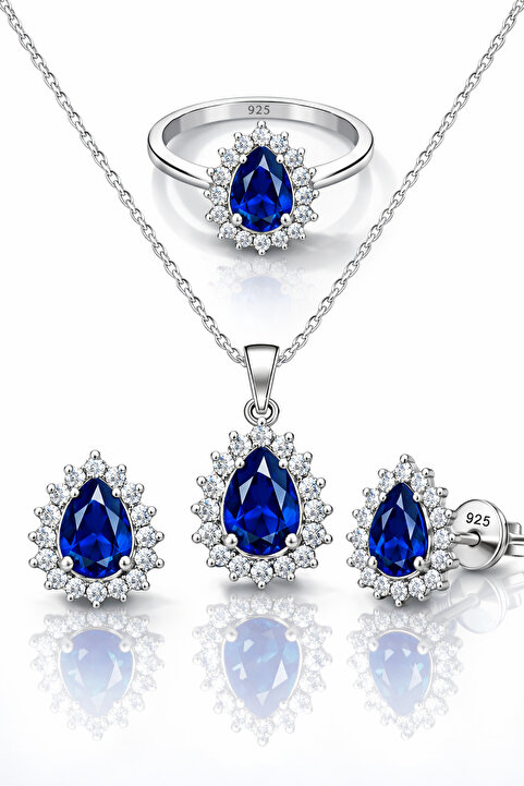 TASLİDUSLERJEWELRY 925 Ayar Gümüş Mavi Safir Taşlı 3’lü Takı Seti – Kolye, Yüzük ve Küpe
