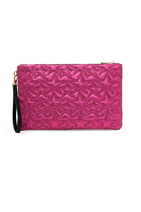 Ecrou Yıldız Desenli Fuşya Parlak Portföy & Clutch Çanta Çıkarılabilir Bileklik Askılı 30 x 19 cm