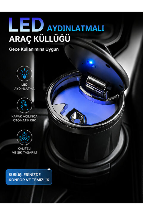 Kerasus LED Işıklı Premium Araç Küllüğü Kokusuz Kapaklı Şık Tasarım Oto Küllük