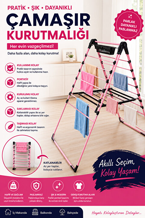 sobapark Pembe Renkli Kanatlı Kurutmalık Elbise Çamaşır Kurutmalığı Kalın Borulu Çamaşır Teli