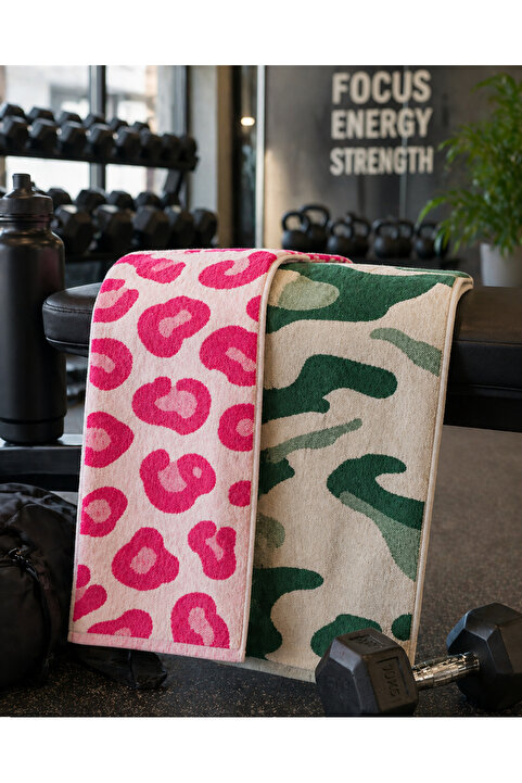 Maisonette 2’li Spor Havlusu Seti Pembe & Yeşil Desenli %100 Pamuk Yüksek Emici Spor Havlu Gym Fitness Havlusu