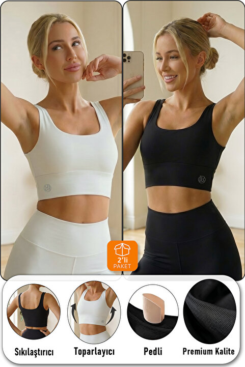 LoremLavida Pedli Spor Sütyen Kalın Askılı Crop Model Premium Kalite (Siyah - Ekru)