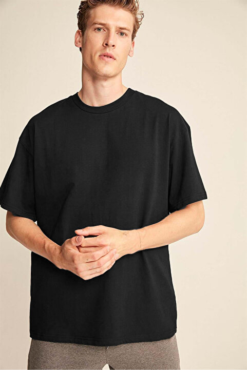 GRIMELANGE Jett Erkek Oversize Fit %100 Organik Pamuk Kalın Dokulu Bisiklet Yakalı Siyah T-shirt