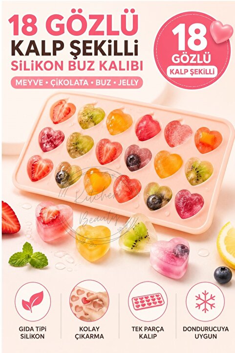 Kitchen Beauty Pratik Kalp Şeklinde Silikon Buz Kalıbı | Silikon Yapışmaz Buzluk Kalp Buz Kalıbı