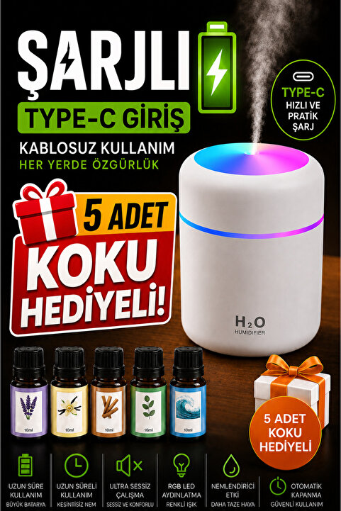 hauswert Şarjlı +5 Adet Koku Hediyeli Ultrasonik Oda ve Araç Hava Nemlendirici Buhar Makinesi Ve Aroma Difüzörü Koku H2o