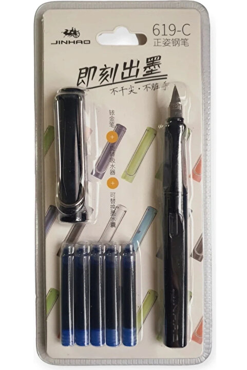 jinhao Dolma Kalem Seti 619-c Opak Siyah Renk Ef 0,38mm Uç Kalem+5 Kartuş