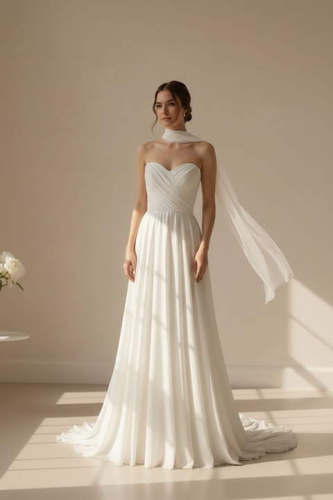 ENDAMIM Nikah Nişan Abiye Dış Çekim Şifon Drapeli Nikah Elbisesi