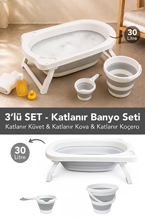 Meleni Baby 3'lü Katlanır Bebek Banyo Seti - Akordiyon Bebek Küveti Su Kovası Maşrapa Seti Gri