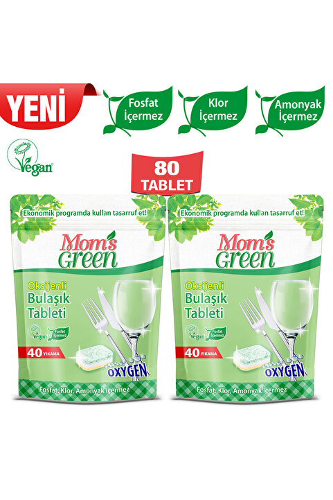 Mom's Green 2'li Set Oksijenli Bulaşık Makinası Tableti 80 Tablet ( 2x40 Tablet )