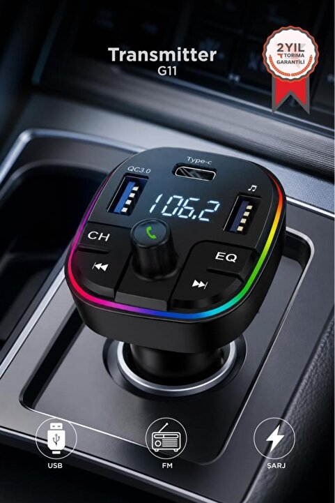 Torima Transmitter Şarj Özellikli Dijital Göstergeli Bluetooth Fm G11 Siyah