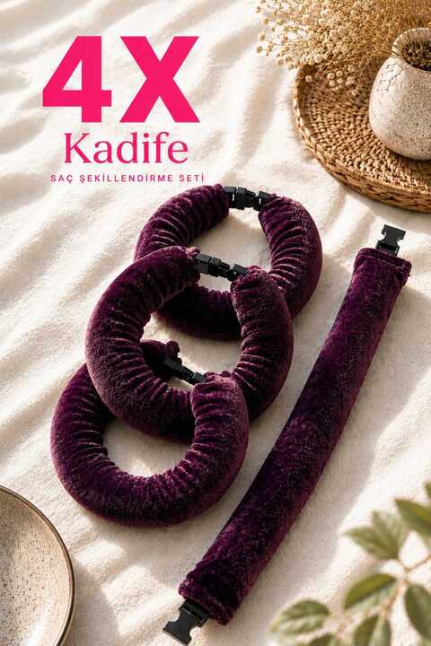Deko Dekor 4'lü Gül Kurusu Kadife Saç Şekillendirici Kadife Saç Sosisi ve Kadife Saç Bigudi Isısız Saç Şekillendirme
