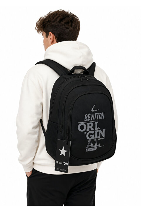Bevitton Unisex Okul Çantası Ortopedeli Siyah Okul Sırt Çantası Sport