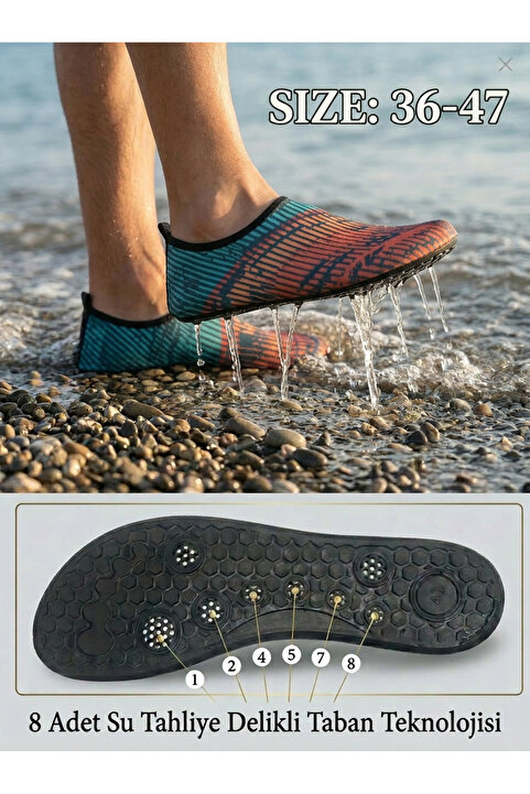 Sea&Blue Turuncu Mavi Desenli Kaymaz Tabanlı Deniz Ayakkabısı - Esnek Plaj ve Havuz Ayakkabısı - Deniz Patiği