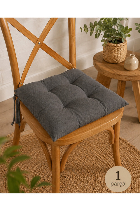 LemonBloom Pofidik Premium Sandalye Minderi 40x40 cm Antrasit Dikişli Puntolu Bağcıklı Konforlu 1 Oturma Minder