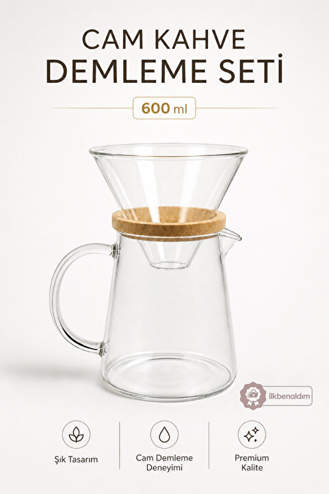 İlkbenaldim Cam Kahve Demleme Seti 600 ml Ahşap Detaylı Pour Over Filtre Kahve Demleyici Isıya Dayanıklı Cam Kahve Servis Sürahisi