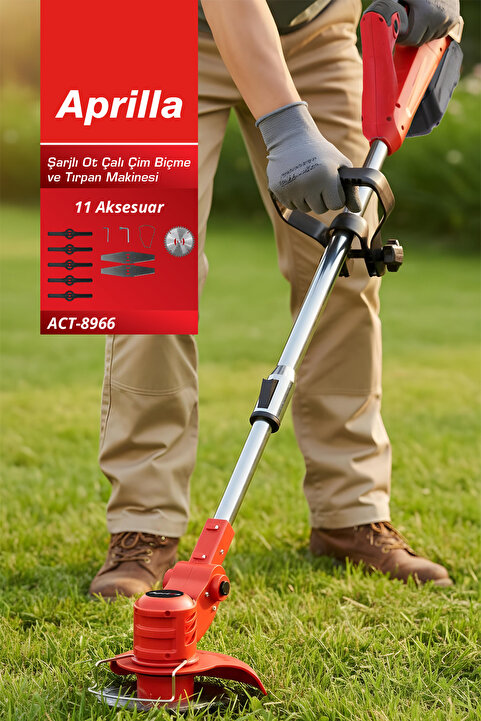 Aprilla ACT-8966 Şarjlı Ot, Çalı & Çim Biçme Tırpan Makinesi | 21V & 8000 Dev/Dk & 11 Aksesuar