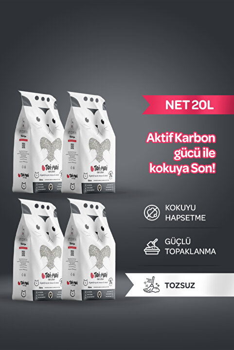Toi Moi 4lü Avantaj Paketi Koku Hapseden, Topaklanan,Tozsuz Aktif Karbonlu Bentonit Kedi Kumu 4x5kg