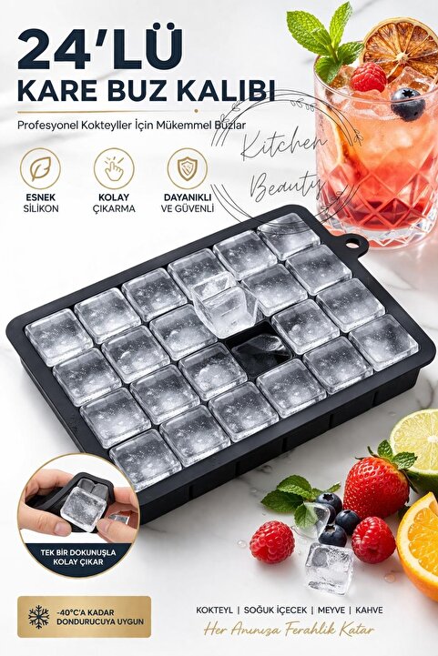 Kitchen Beauty Pratik 24'lü Sililkon Kare Buz Kalıbı | 24 Adet Silikon Kare Buz Kalıbı | Sunum Buzluk