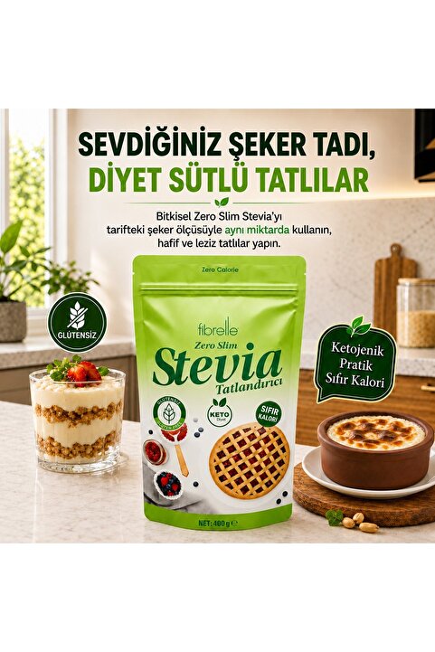 Fibrelle Zero Slim Stevia Toz Tatlandırıcı 400 g - Kalorisiz Şeker Alternatifi / Ketojenik Fit Tatlılık