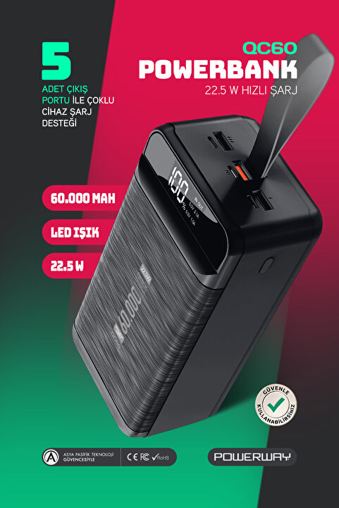 Powerway 60.000 Mah Pd 22.5w Kablolu 3.0 Hızlı Şarj Gerçek 60.000 Mah Garantili Işıklı Qc60 Siyah Powerbank