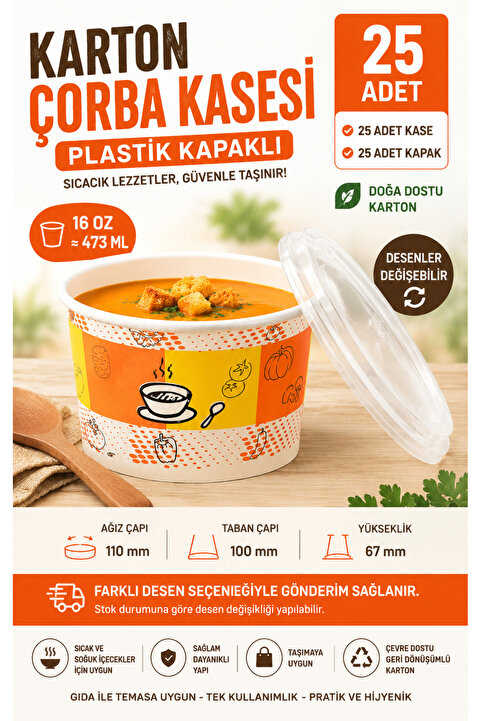 YOK YOK AMBALAJ Kapaklı Karton Çorba Kasesi 16 Oz 25 Adet