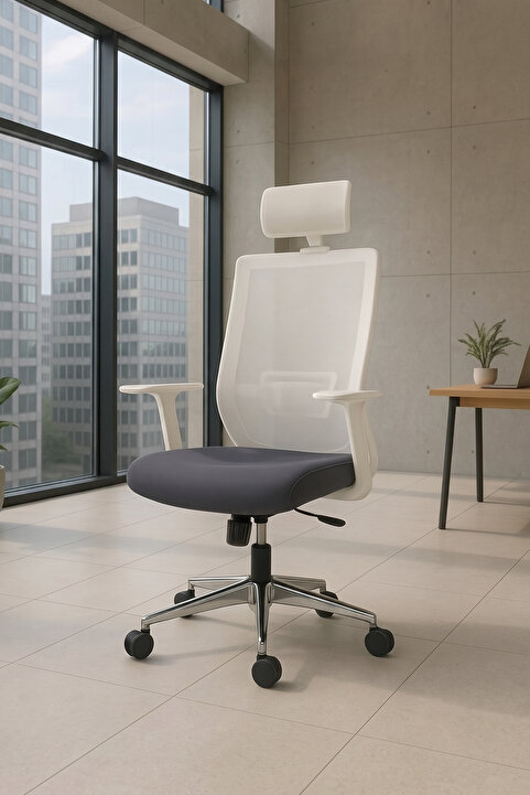Ivo Office Vintage Beyaz Çalışma Sandalyesi | Ofis Koltuğu | Yönetici Koltuğu | Açık Gri File Antrasit Kumaş